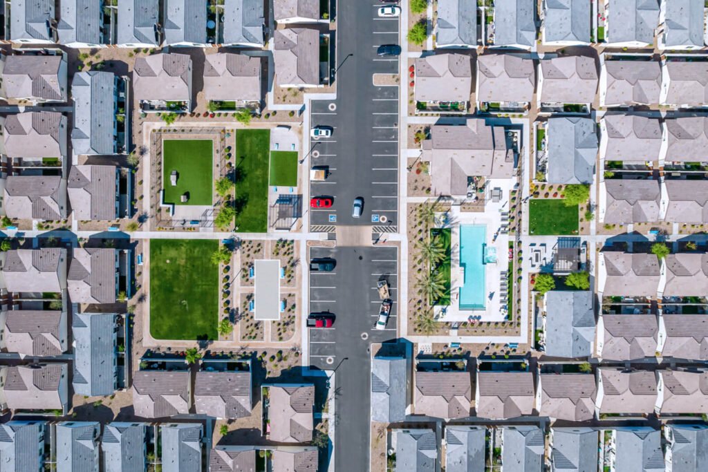 drone aerial view of build to rent single family rental residence development