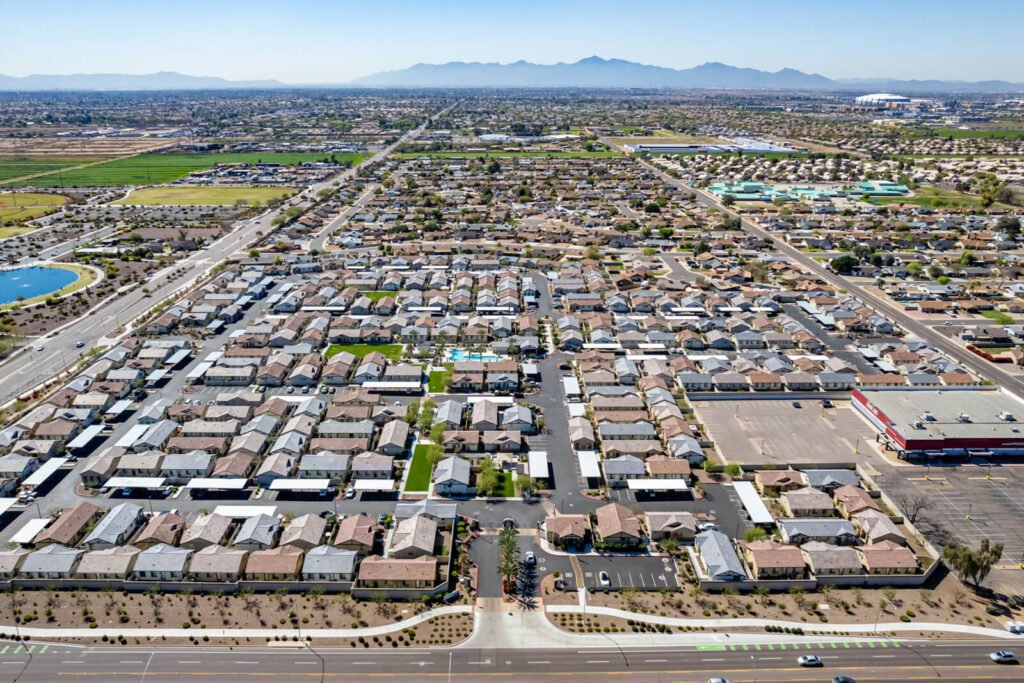 drone aerial view of build to rent single family rental residence development