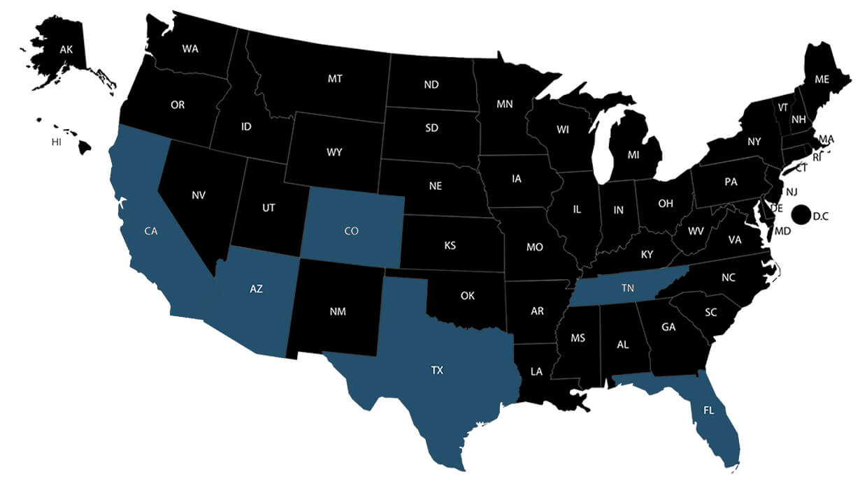 Map of USA showing locations where BTR Consulting has undertaken projects